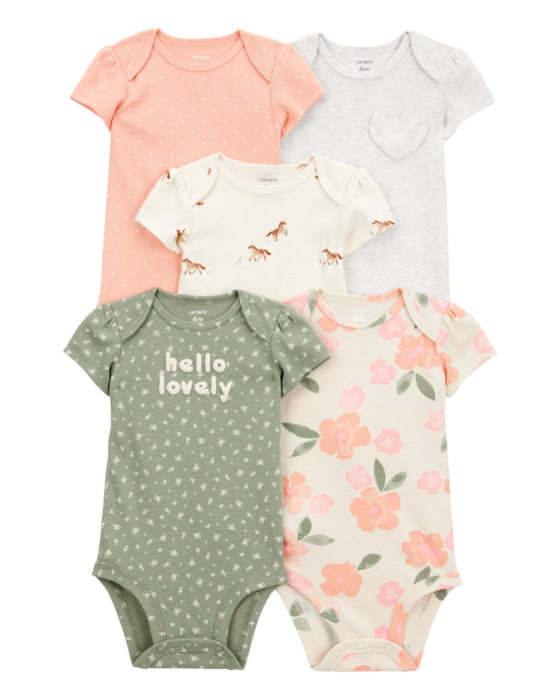 Baby Girl 5-Pack Floral Horses Short-Sleeve Cotton Bodysuits