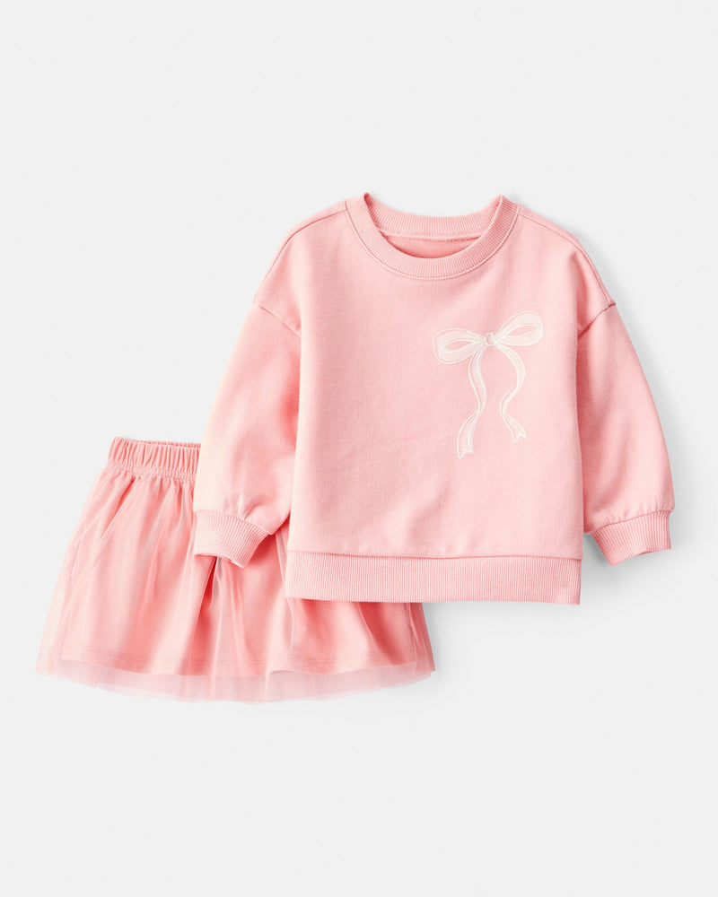Baby Girl Bow French Terry Long-Sleeve Top & Skirt Set - Pink