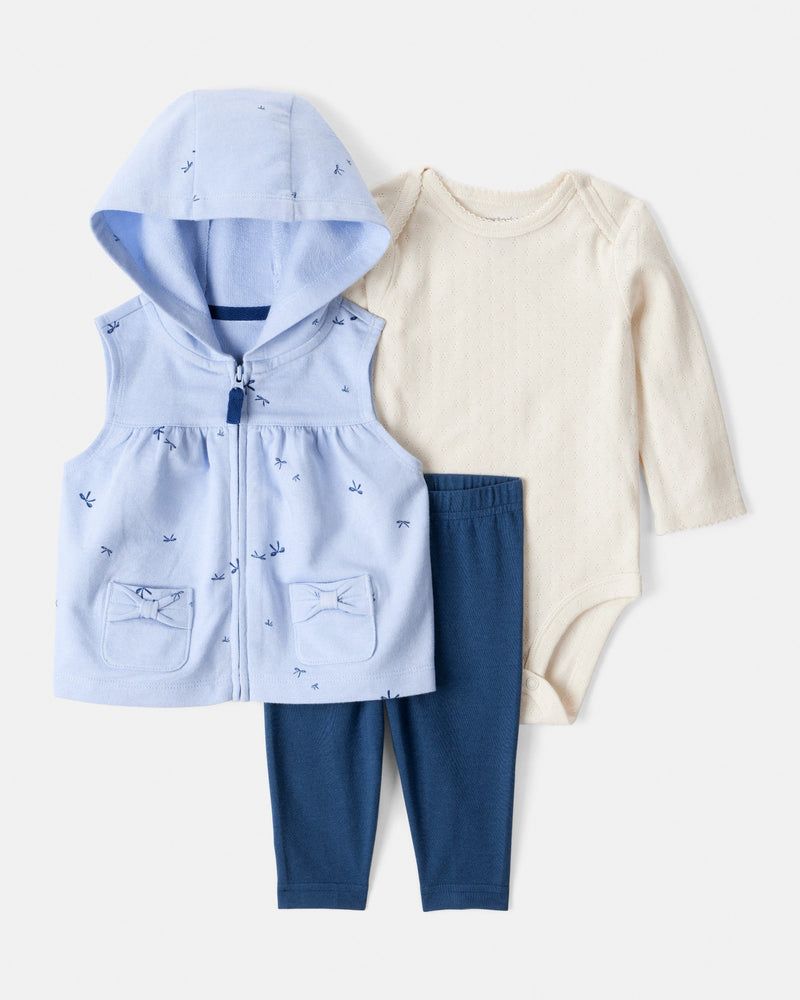 Baby Girl 3-Piece Bow Print Sleeveless Jacket; Bodysuit & Pant Set - Blue