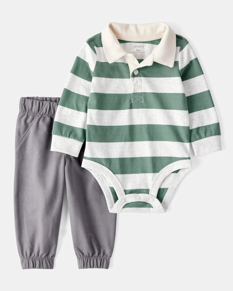 Baby Boy 2-Piece Striped Polo Bodysuit & Pull-On Pant Set - Green