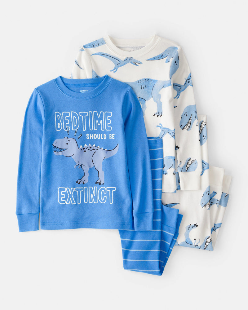 Baby Boy Dinosaur Print 100% Cotton Long-Sleeve 4-Piece Pajamas - White/Blue