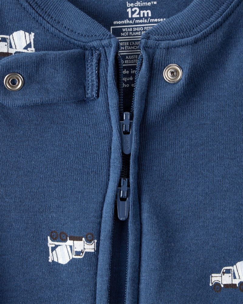 Baby Boy Construction Print 100% Cotton Long-Sleeve 2-Way Zip 1-Piece Pajamas - Blue