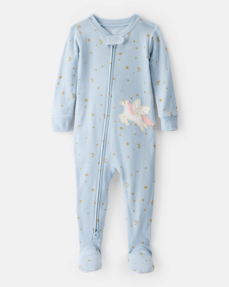 Baby Girl Unicorn Star Print 100% Cotton Long-Sleeve 2-Way Zip 1-Piece Pajamas - Blue