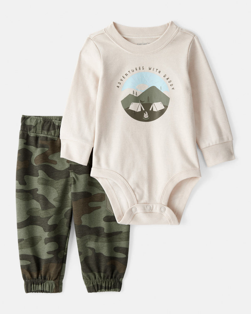 Baby Boy Camping Camo Cotton Long-Sleeve Bodysuit & Pant Set - Green/Beige