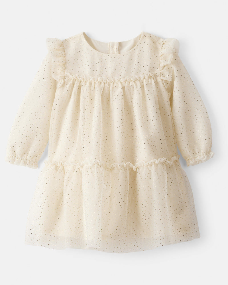 Baby Girl Sparkle Polka Dot Tulle Long-Sleeve Dress - Ivory