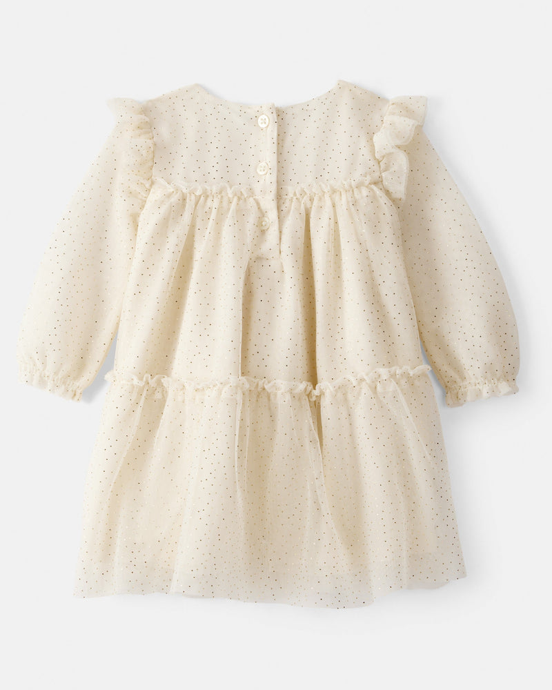 Baby Girl Sparkle Polka Dot Tulle Long-Sleeve Dress - Ivory