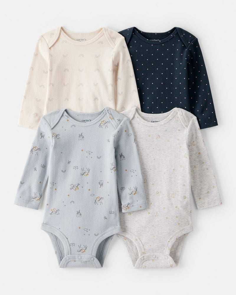 Baby Girl 4-Pack Unicorn, Heart, Star Print Long-Sleeve Multipack Bodysuits - Navy Blue/White