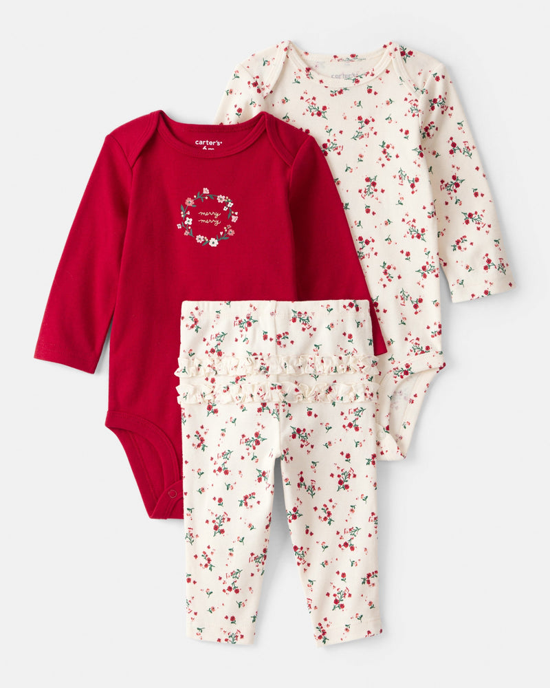 Baby Girl 3-Piece Floral Merry Cotton Bodysuits & Pant Set - White/Red