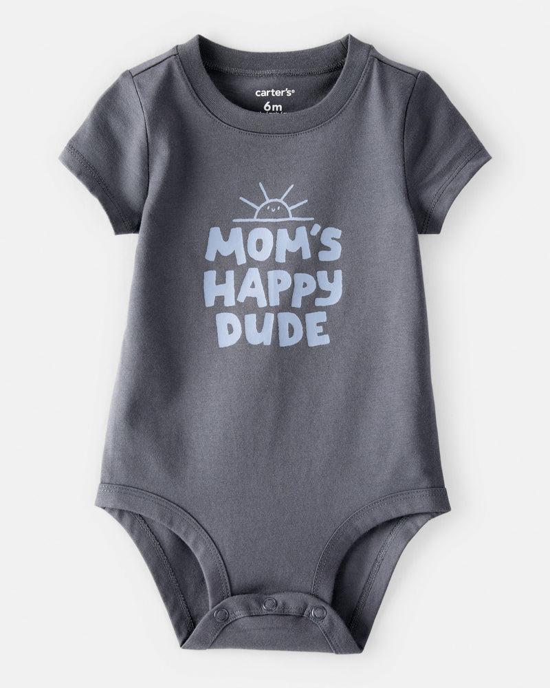 Baby Boy 'Mom's Happy Dude' Short-Sleeve Graphic Bodysuit - Grey
