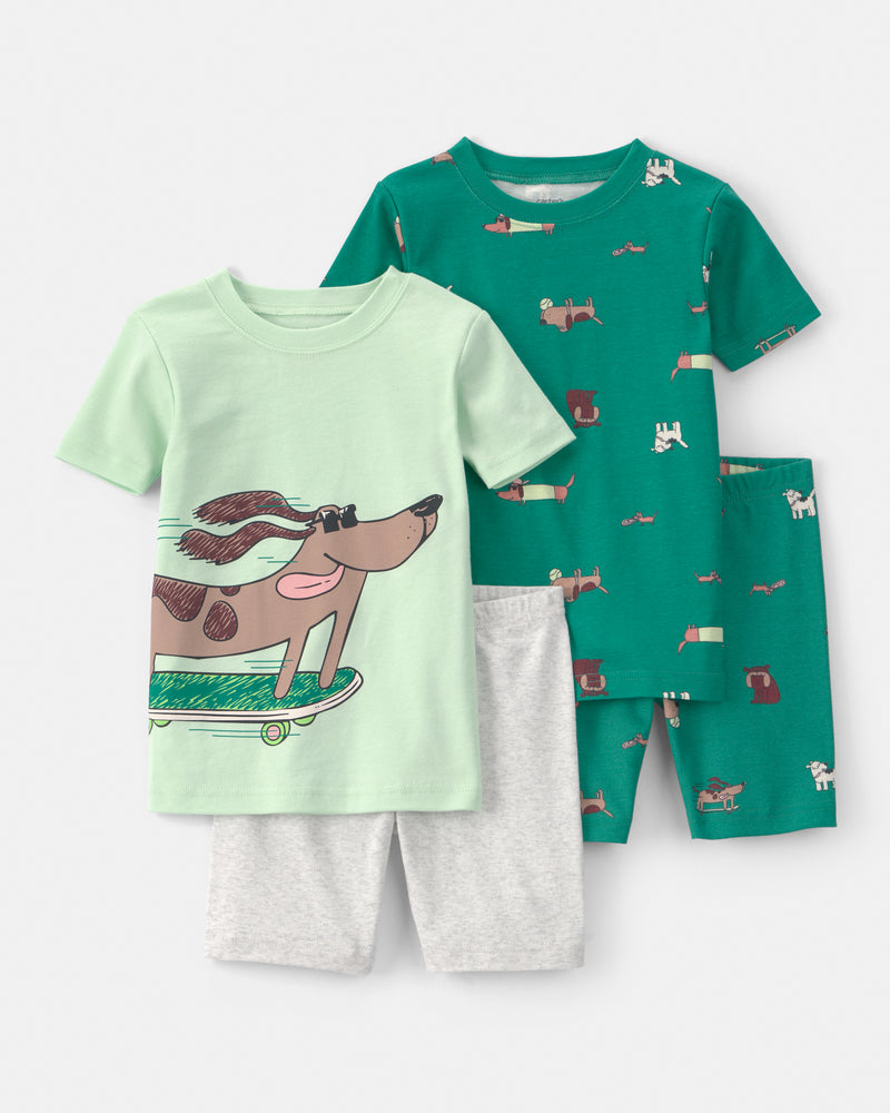 Baby Boy Skateboard Dog Cotton Short-Sleeve Snug Fit 4-Piece Pajama Set - Green