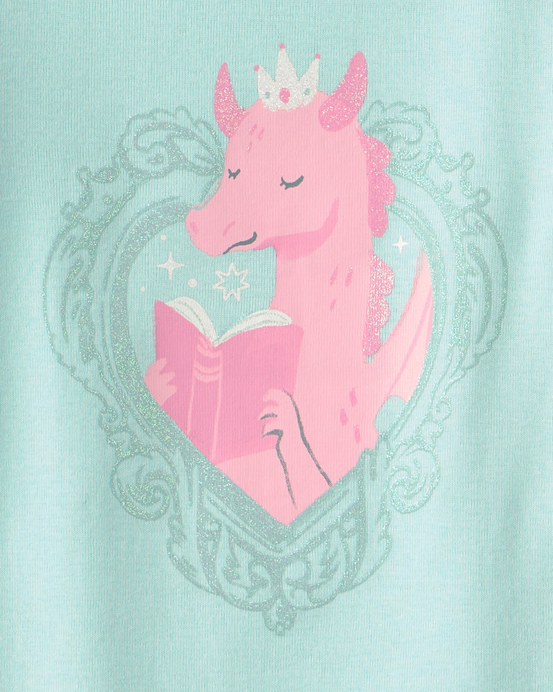 Baby Girl 4-Piece Fairy Tale Dragon 100% Cotton Short-Sleeve Snug Fit Pajama Set - Blue/Ivory