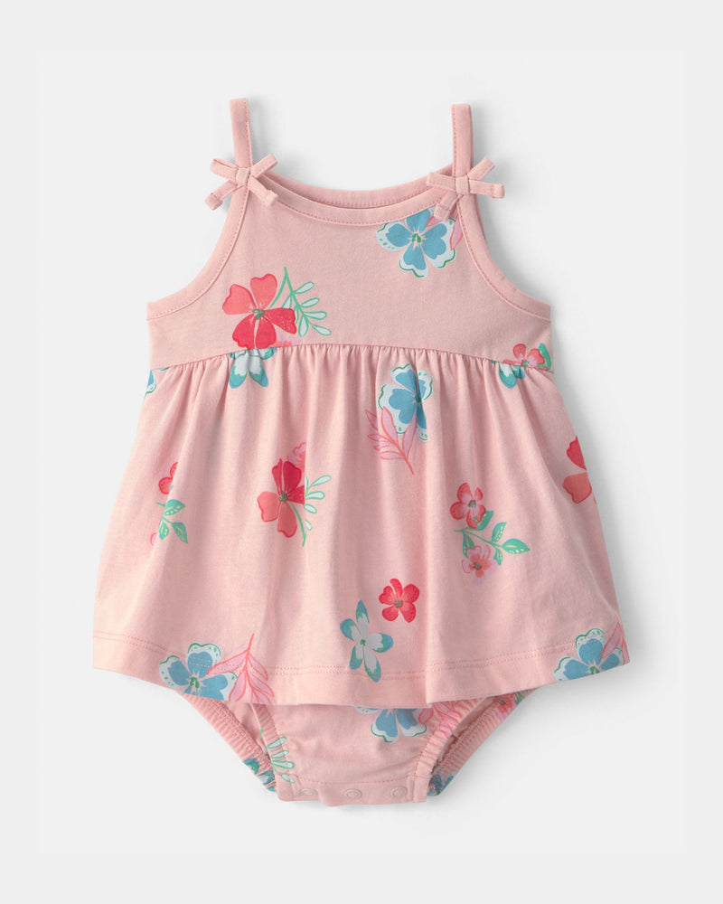 Baby Girl Floral Sleeveless Bodysuit Dress - Pink - Pink