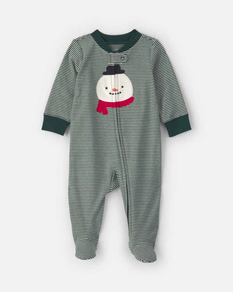 Baby Snowman 100% Cotton 2 Way Zip Sleep & Play Pajamas - Green