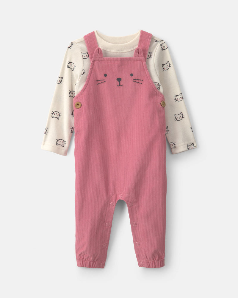Infant Girls 2-Piece Cat Corduroy Overall Set - Pink