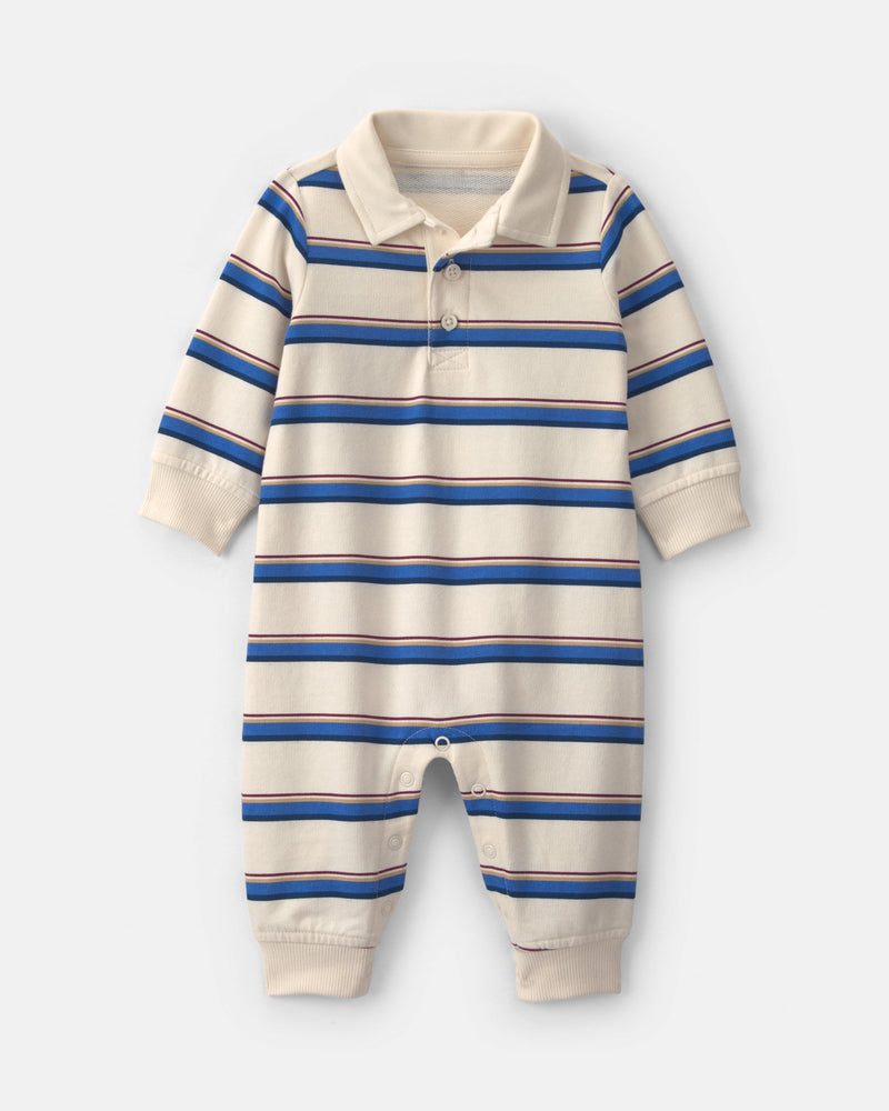 Baby Boy Striped French Terry Long Sleeve Jumpsuit - Cream
