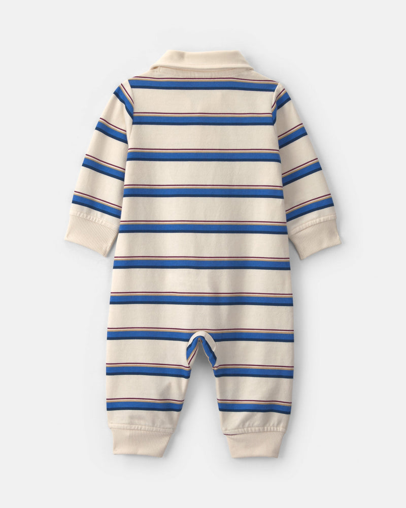 Baby Boy Striped French Terry Long Sleeve Jumpsuit - Cream