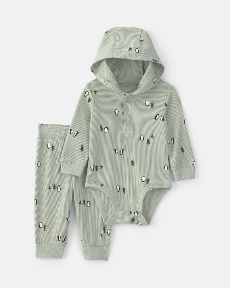 Baby Boy 2 Piece Penguin Thermal Long Sleeve Bodysuit & Pant Set - Green
