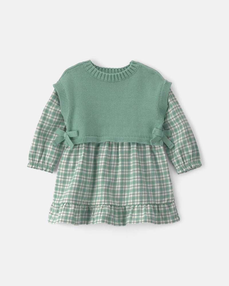 Baby Girl 2 Piece Checkered Flannel Long Sleeve Dress - Green