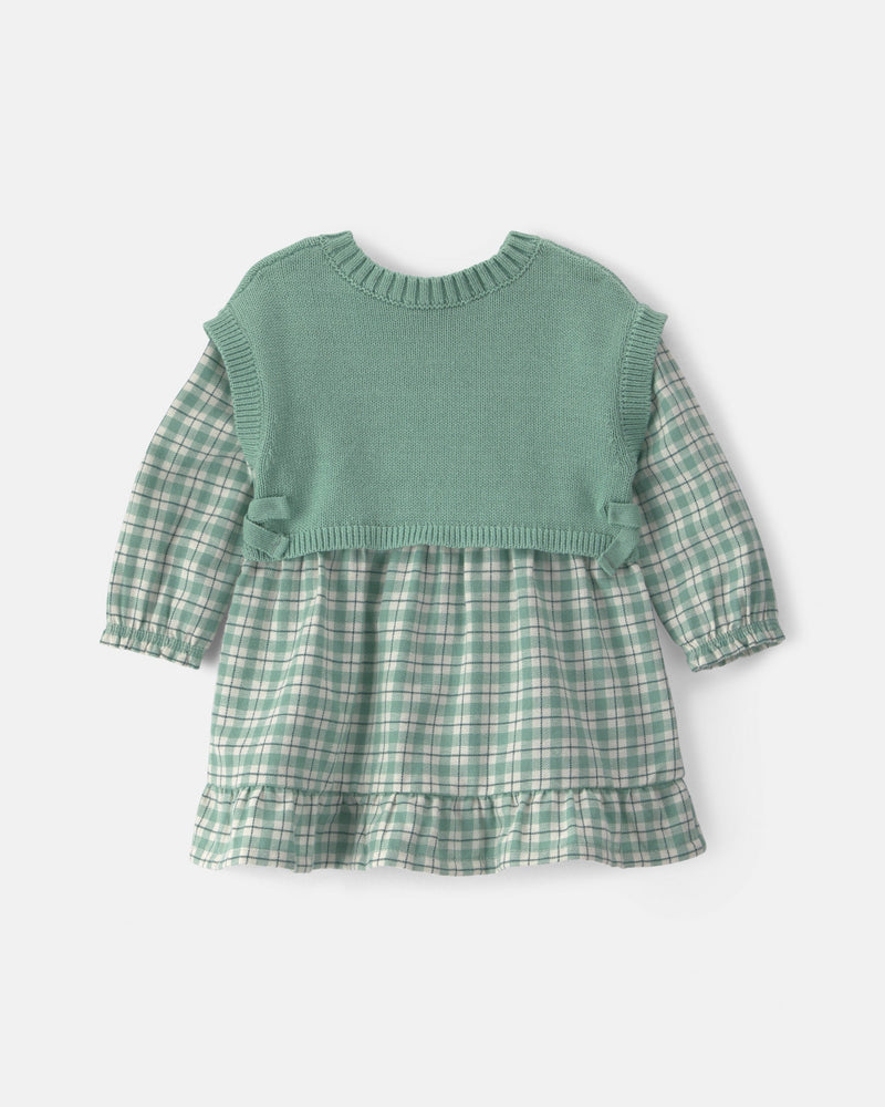 Baby Girl 2 Piece Checkered Flannel Long Sleeve Dress - Green