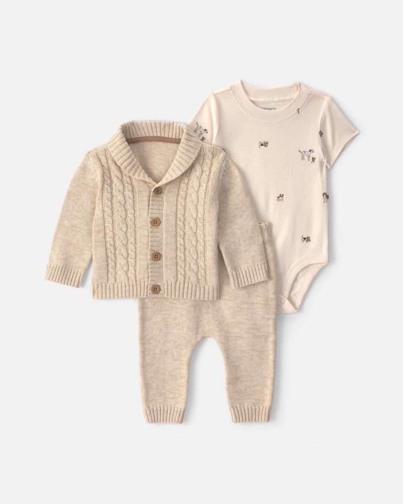Baby Boy 3 Piece Cotton Sweater Layering Set - Beige