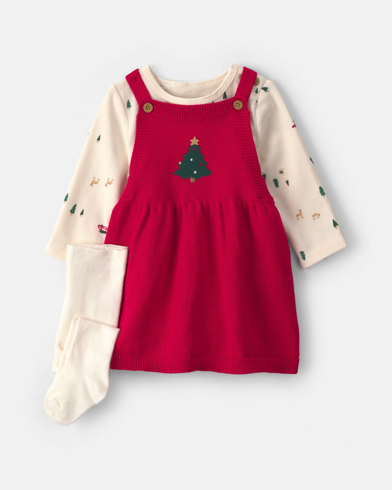 Baby Girl 3 Piece Christmas Tree Long Sleeve Sweater Dress Set - Assorted