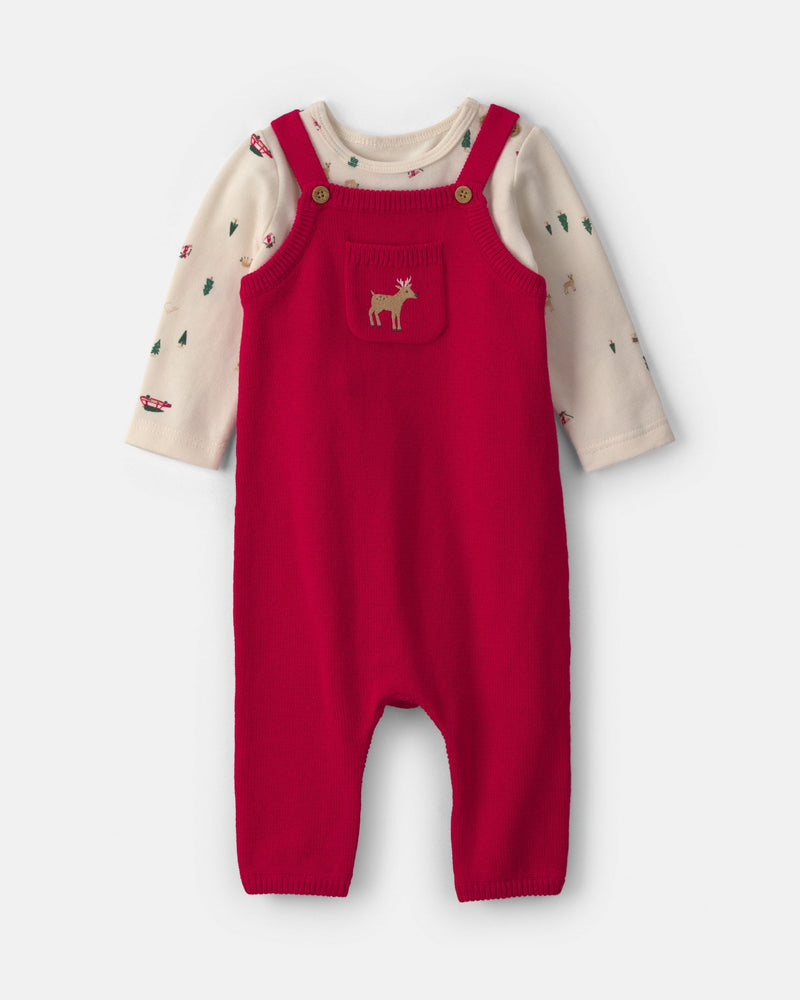 Baby Boy 2 Piece Reindeer Long Sleeve Sweater Overall Set - Red