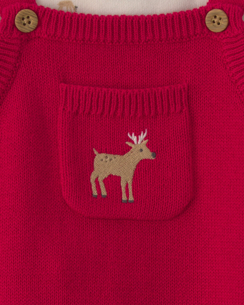 Baby Boy 2 Piece Reindeer Long Sleeve Sweater Overall Set - Red