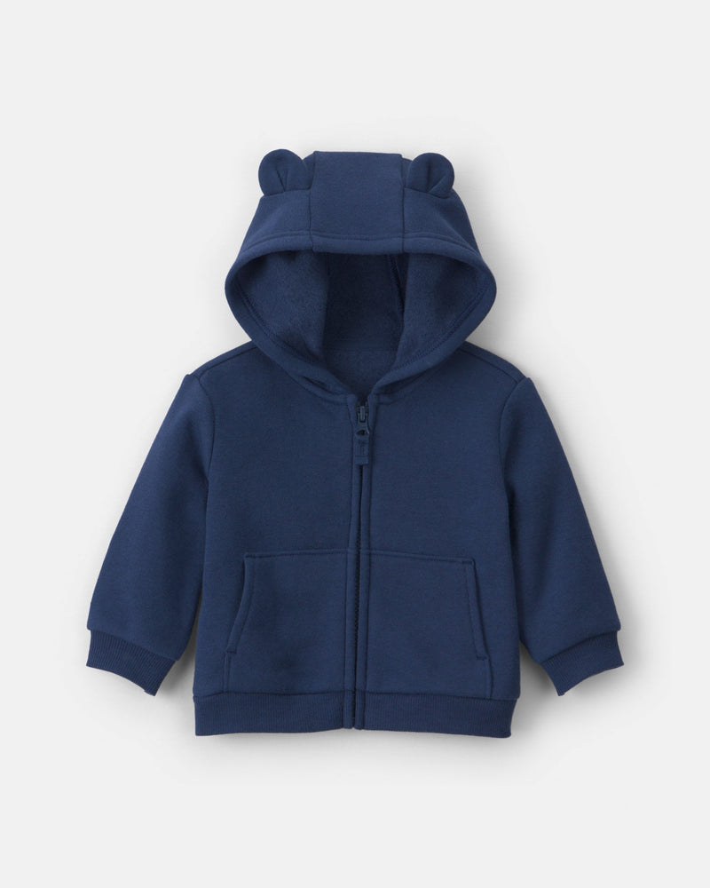 Baby Boy Bear Fleece Zip Up Hoodie - Navy
