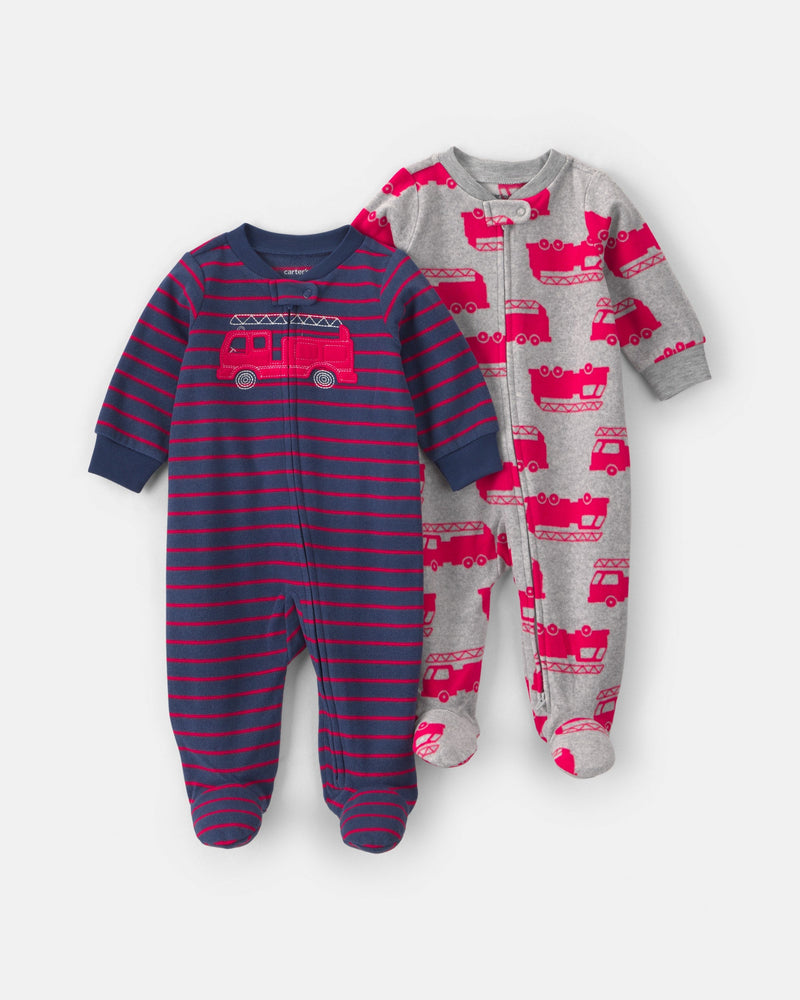 Infant Boys 2-Pack Firetruck Striped Fleece 2-Way Zip Sleep & Play Pajamas- Assorted