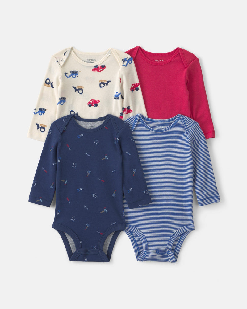 Baby Boy 4 Pack Construction Long - Sleeve Multipack Bodysuits - Assorted