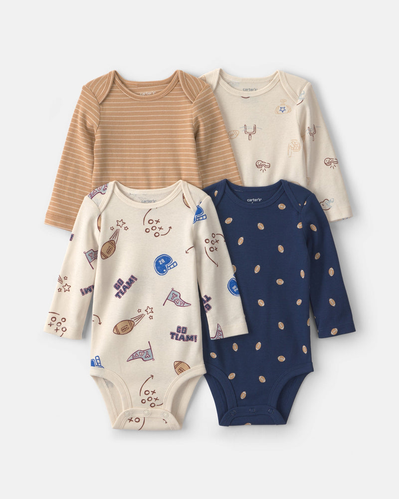 Baby Boy 4 Pack Football Long - Sleeve Multipack Bodysuits - Assorted