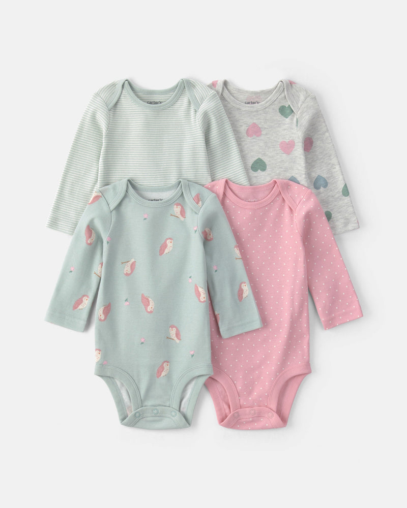 Baby girl 4 Pack Owl Floral Long - Sleeve Multipack Bodysuits - Assorted