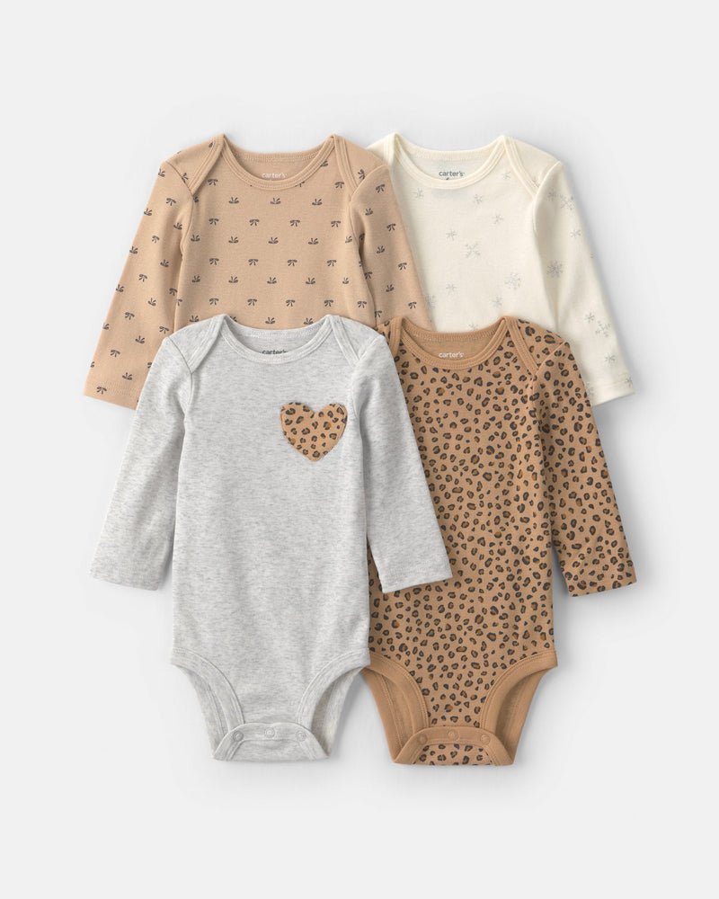 Infant Girls 4-Pack Leopard Print Long-Sleeve Multipack Bodysuits- Assorted
