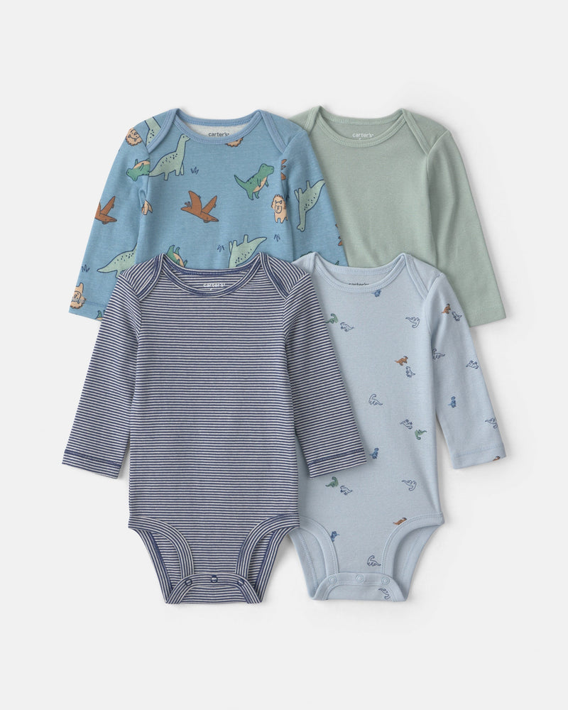Infant Boys 4-Pack Dinosaur Long-Sleeve Bodysuits- Assorted