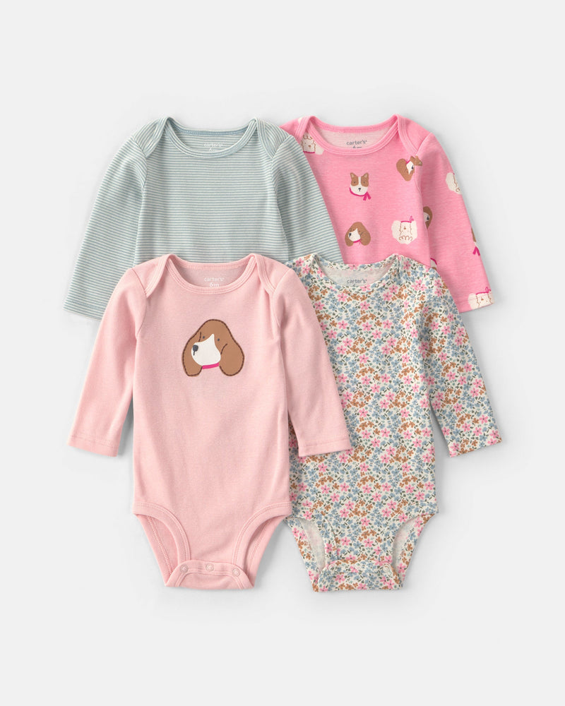 Baby girl 4 Pack Dog Long - Sleeve Multipack Bodysuits - Assorted