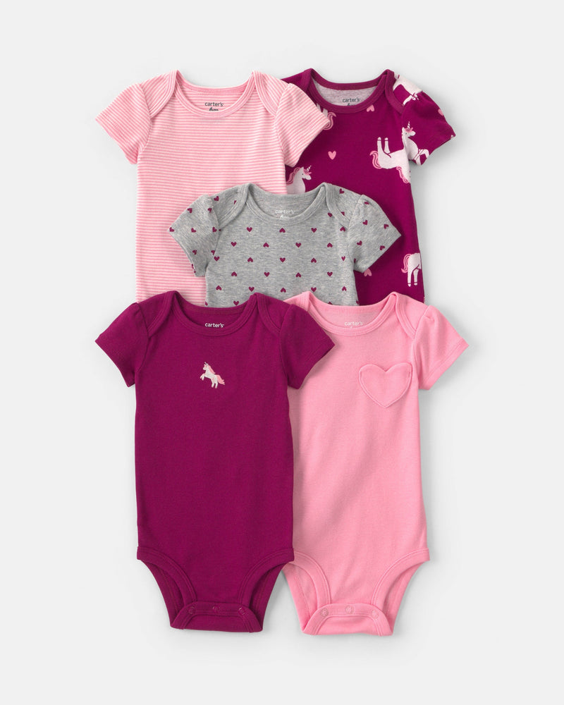 Infant Girls 5-Pack Unicorn Short-Sleeve Bodysuits- Assorted