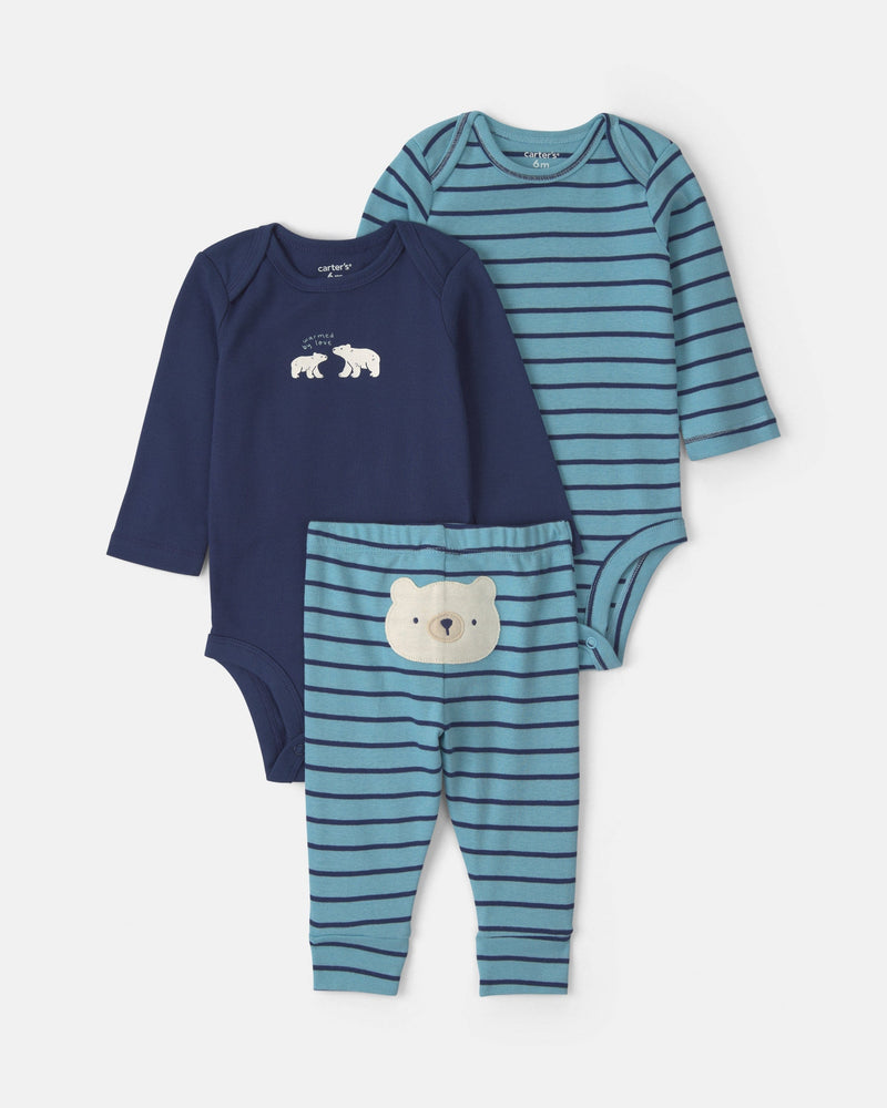 Infant Boys 3-Piece Polar Bear Striped Bodysuits & Pant Set - Blue