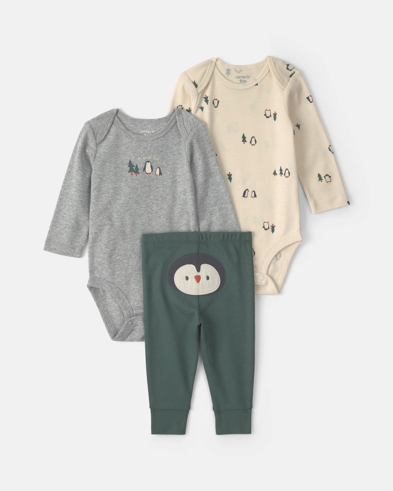 Baby Boy 3 Piece Penguin Long Sleeve Bodysuit & Pant Set - Assorted