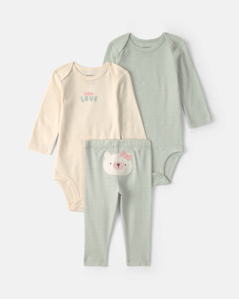 Infant Girls 3-Piece 'Little Love' Polar Bear Bodysuits & Pant Set - Green