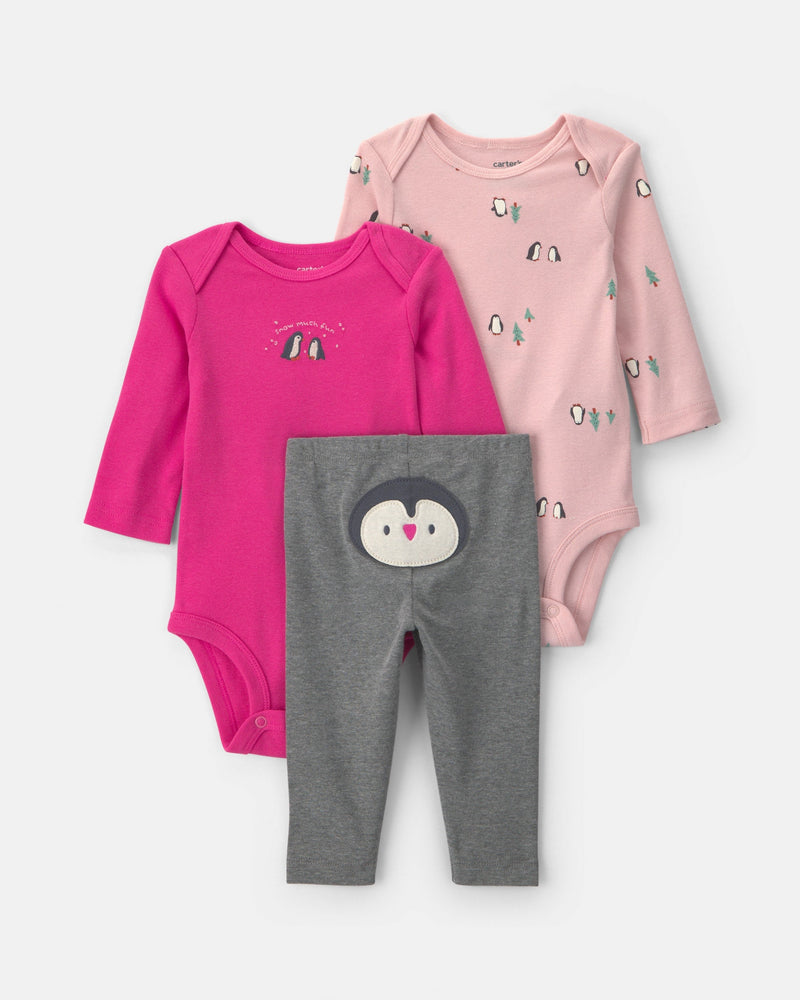 Baby Girl 3 Piece Penguin Long Sleeve Bodysuit & Pant Set - Assorted
