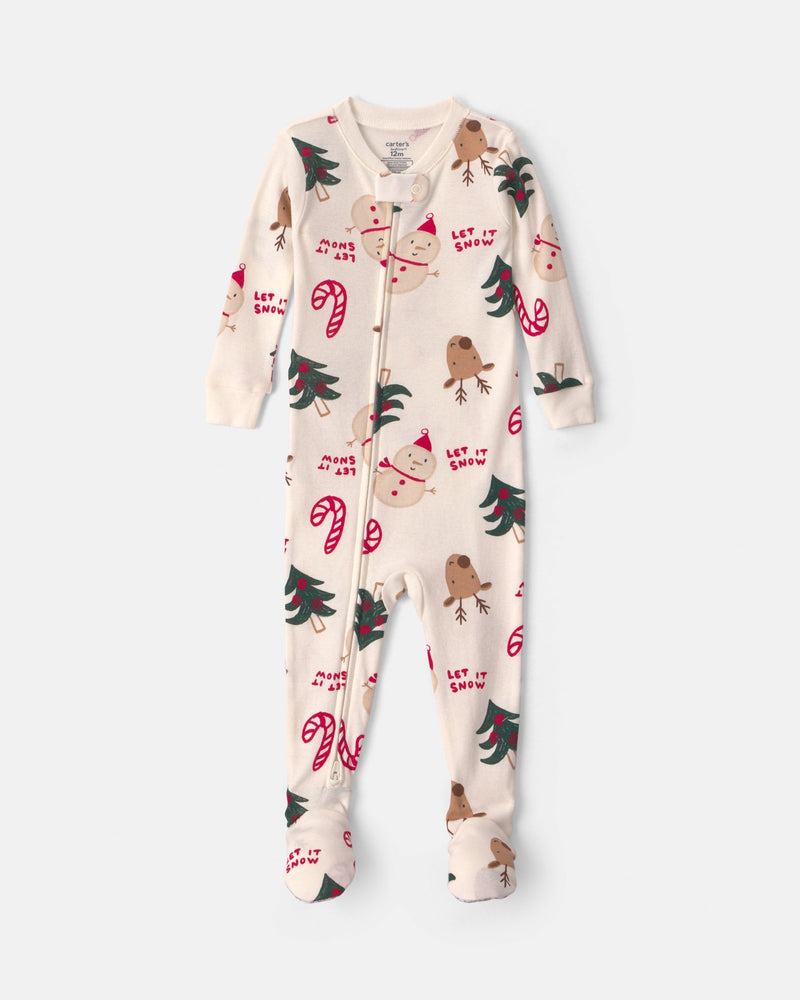 Baby Christmas Holiday Icon 2 Way Zip 100% Cotton 1 Piece Pajama - Cream
