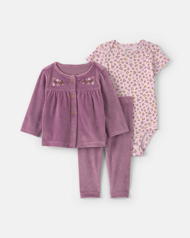 Infant Girls 3-Piece Floral Velvety Layering Set - Purple