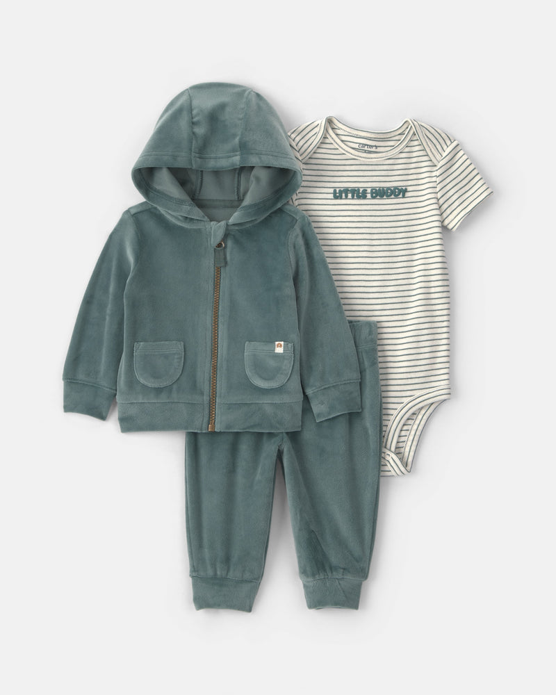 Infant Boys 3-Piece 'Little Buddy' Striped Velvety Hooded Layering Set - Green