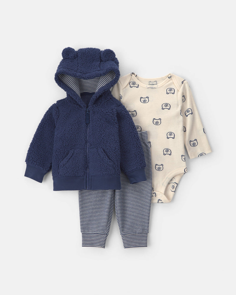 Infant Boys 3-Piece Bear Ears Teddy Fleece Layering Set - Navy