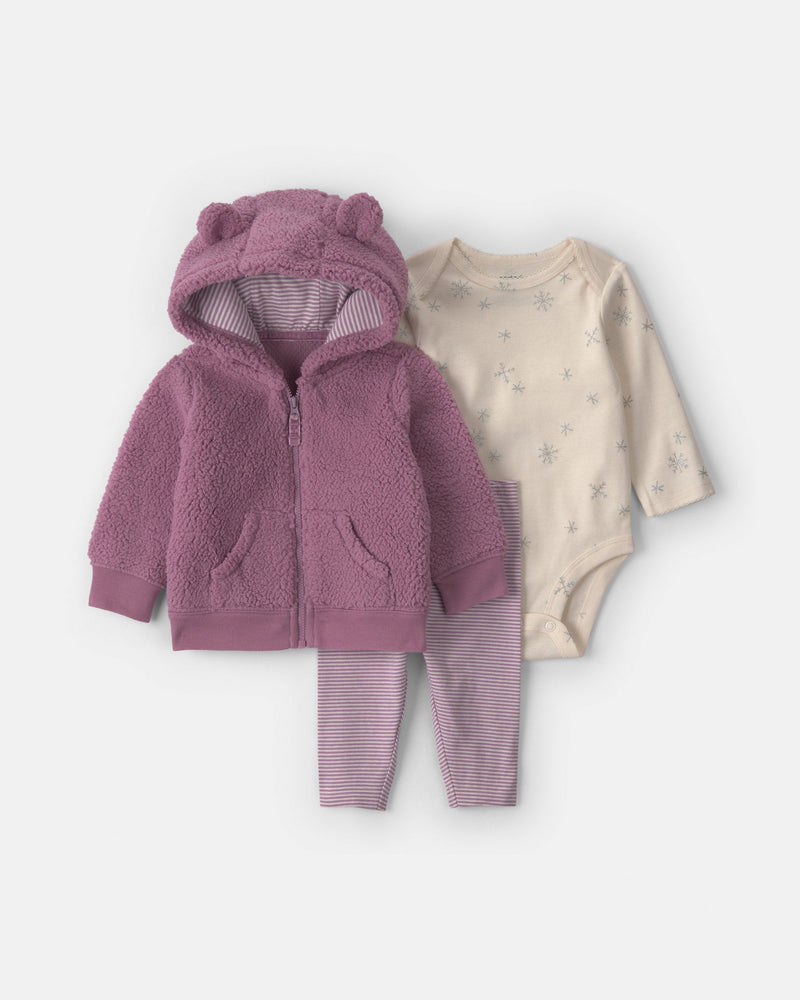 Infant Girls 3-Piece Bear Ears Teddy Fleece Layering Set - Purple