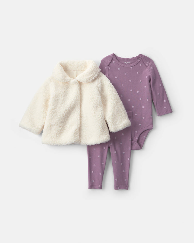 Infant Girls 3-Piece Floral Teddy Fleece Layering Set - Purple
