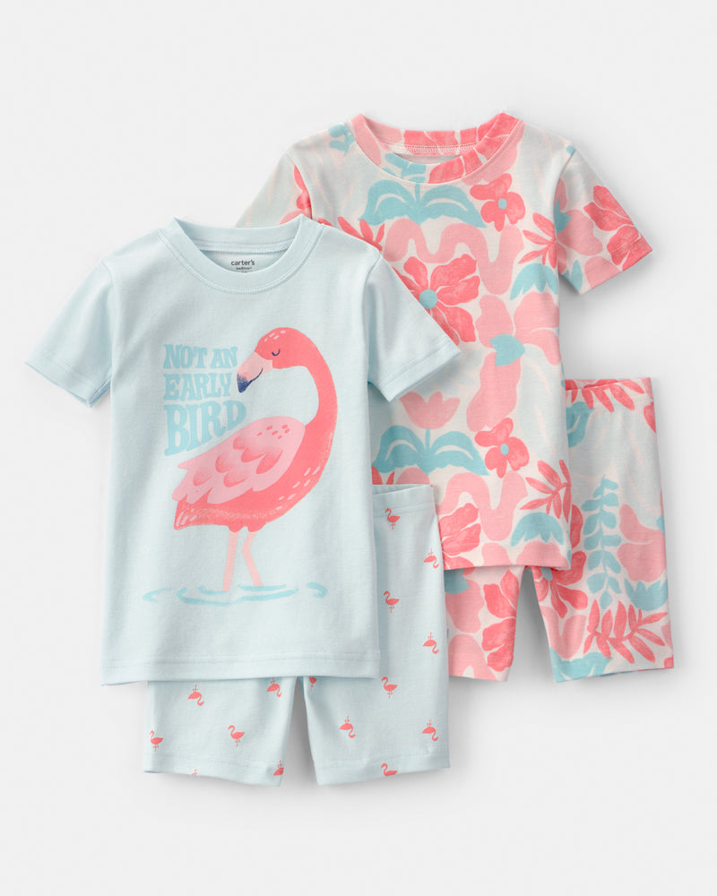 Toddler Girl Flamingo 100% Cotton Short-Sleeve Snug Fit 4-Piece Pajama Set - Pink/Blue