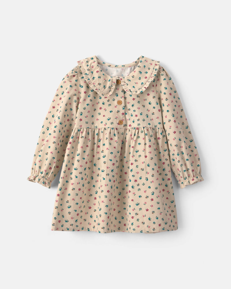 Toddler Girl Floral Corduroy Long Sleeve Dress - Cream