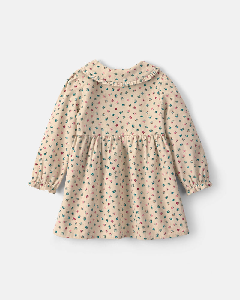 Toddler Girl Floral Corduroy Long Sleeve Dress - Cream