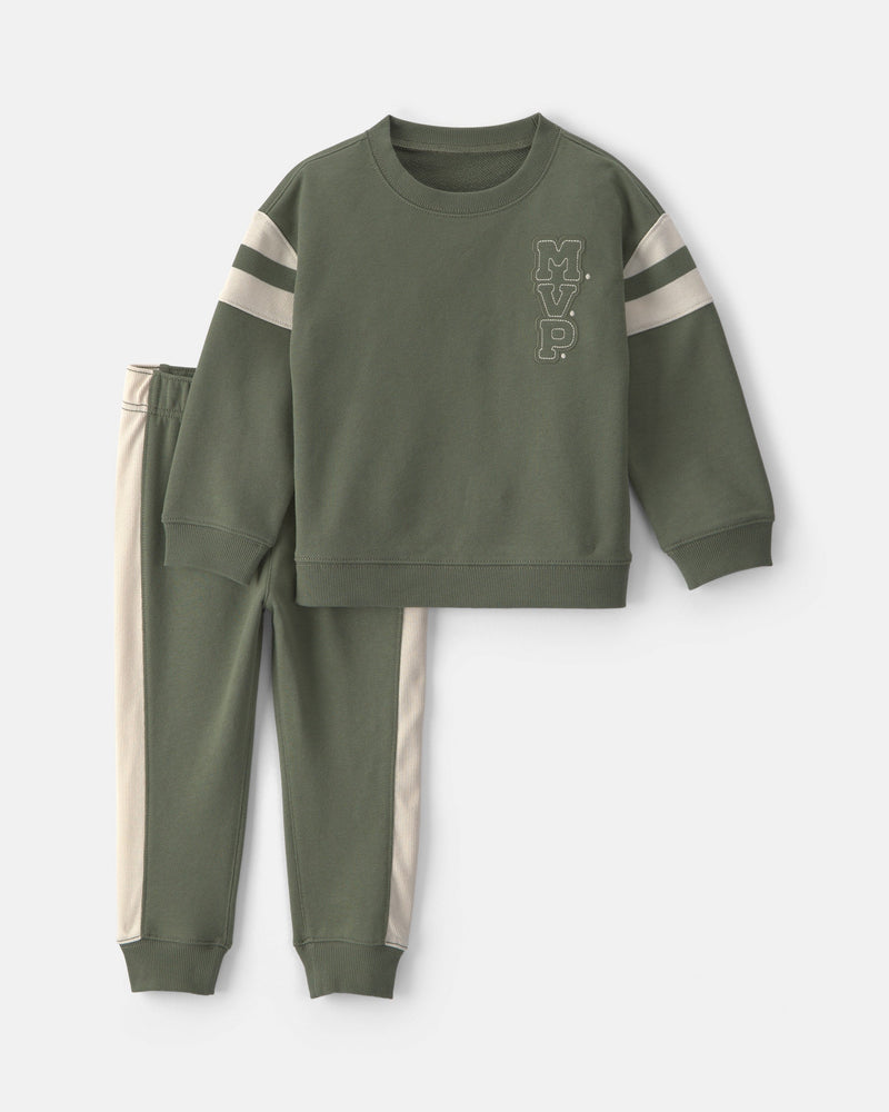 Toddler Boy 2 Piece 'MVP' Athlete French Terry Long Sleeve Top & Pant Set - Olive Green